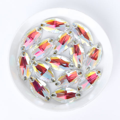 Light Crystal AB Navette Shape High Quality Glass Sew-on Rhinestones
