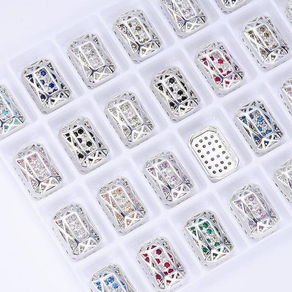 Octagon Shape Silver Plated High-Quality Sew-on Alloy Charms Inlaid Cubic Zirconia