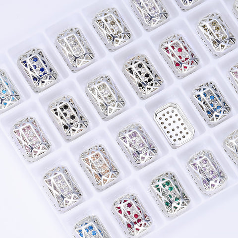 Octagon Shape Silver Plated High-Quality Sew-on Alloy Charms Inlaid Cubic Zirconia