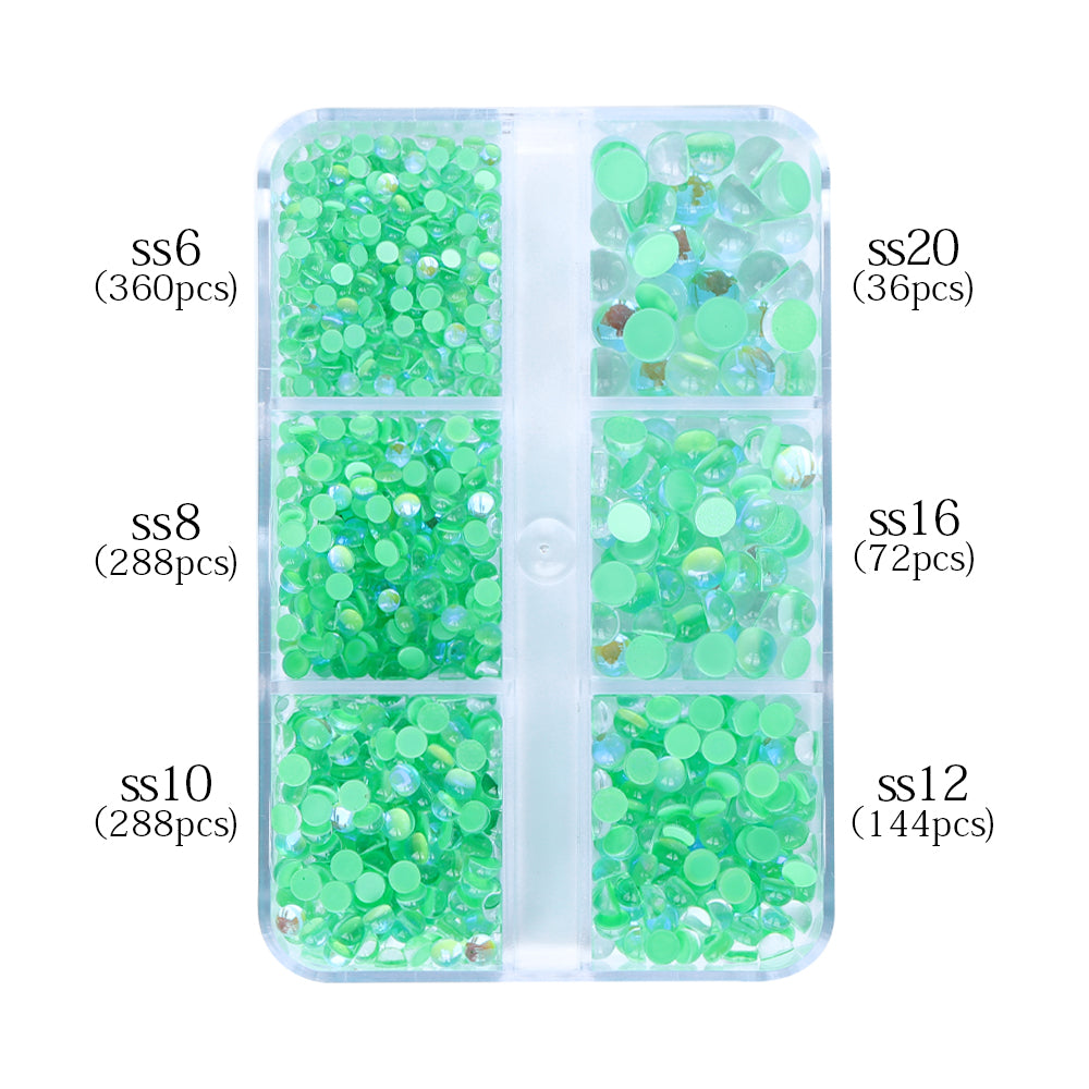 Mixed Sizes 6 Grid Box Mocha Light Green Mermaid Tears Glass Half Pearls Rhinestones