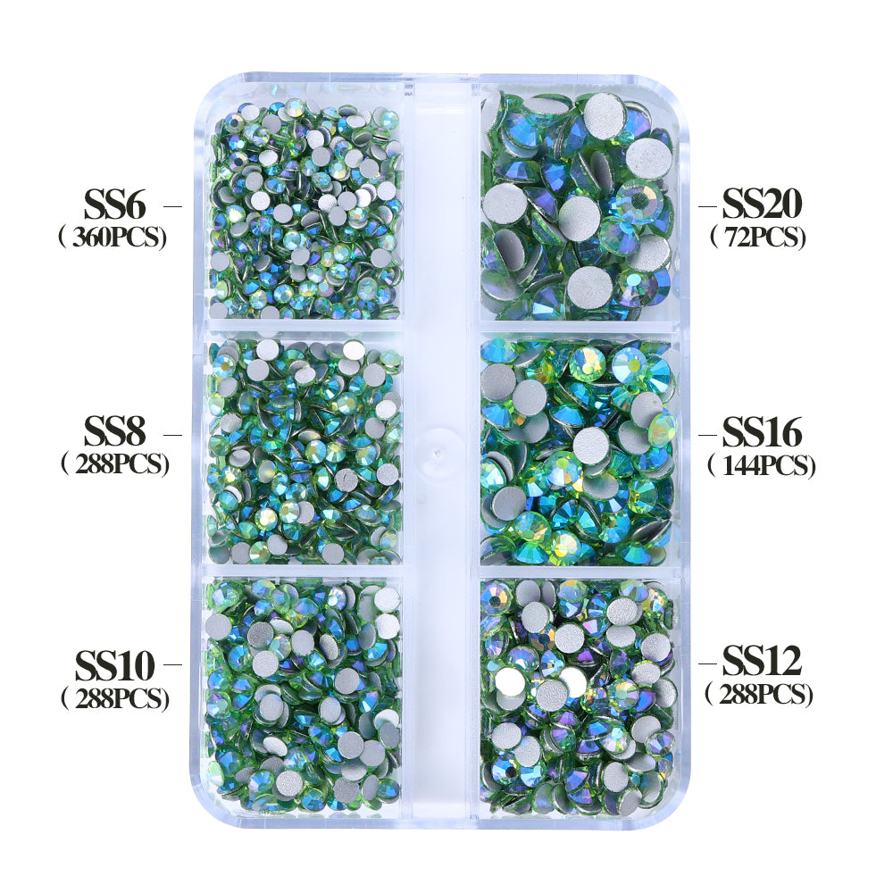 Mixed Sizes 6 Grid Box Peridot AB Glass FlatBack Rhinestones For Nail Art  Silver Back WholesaleRhinestone
