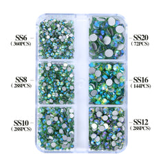 Mixed Sizes 6 Grid Box Peridot AB Glass FlatBack Rhinestones For Nail Art  Silver Back