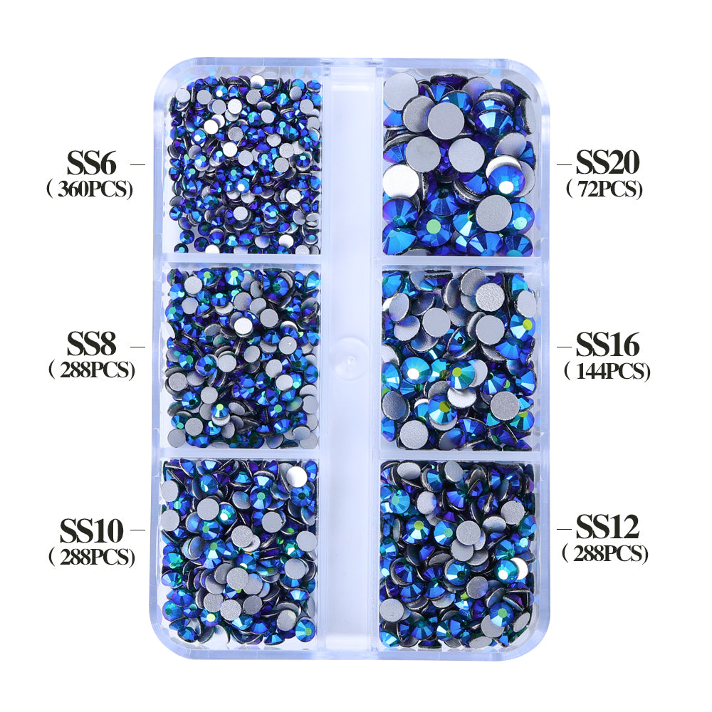 Mixed Sizes 6 Grid Box Dark Green AB Glass FlatBack Rhinestones For Nail Art Silver Back WholesaleRhinestone