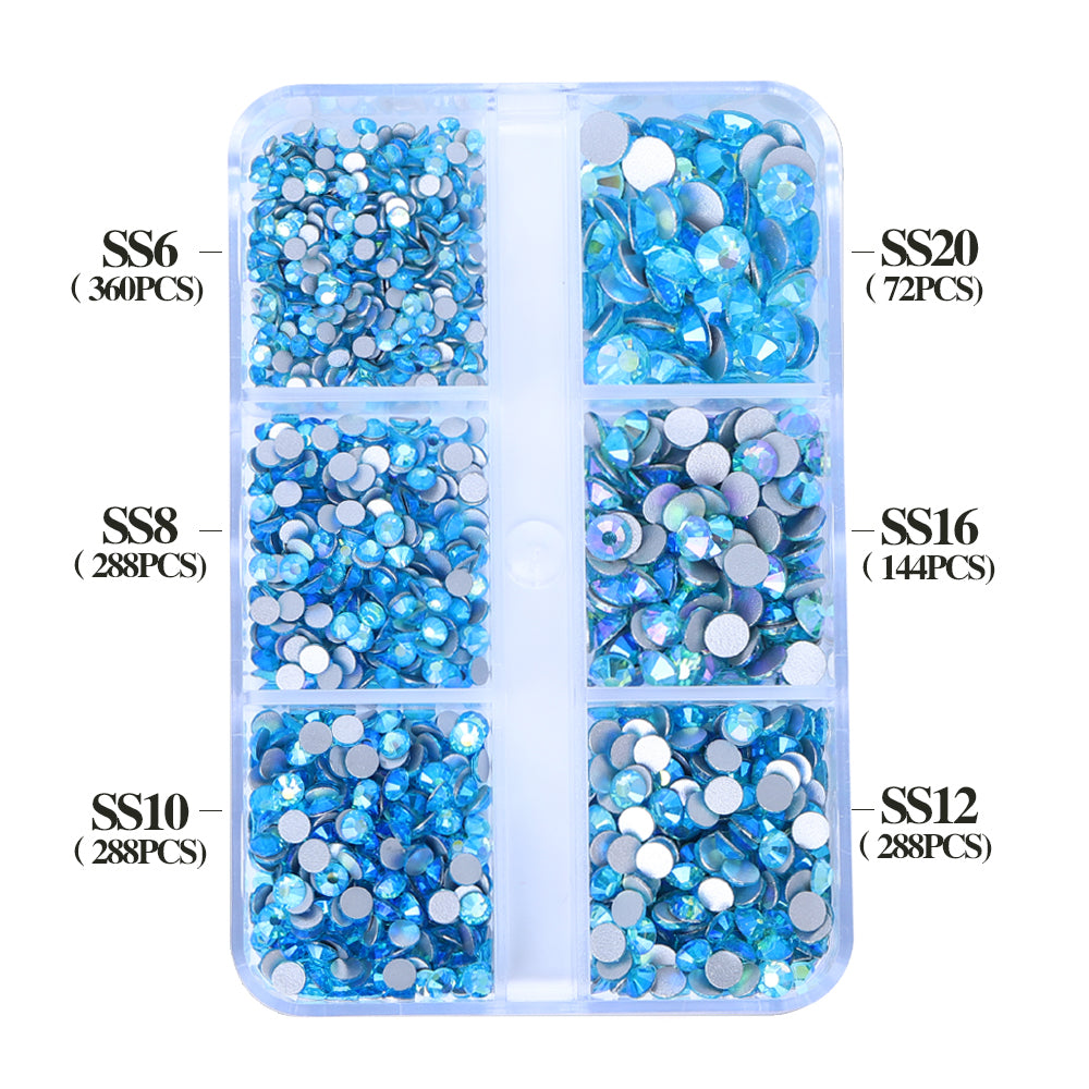 Mixed Sizes 6 Grid Box Aquamarine AB Glass FlatBack Rhinestones For Nail Art  Silver Back WholesaleRhinestone