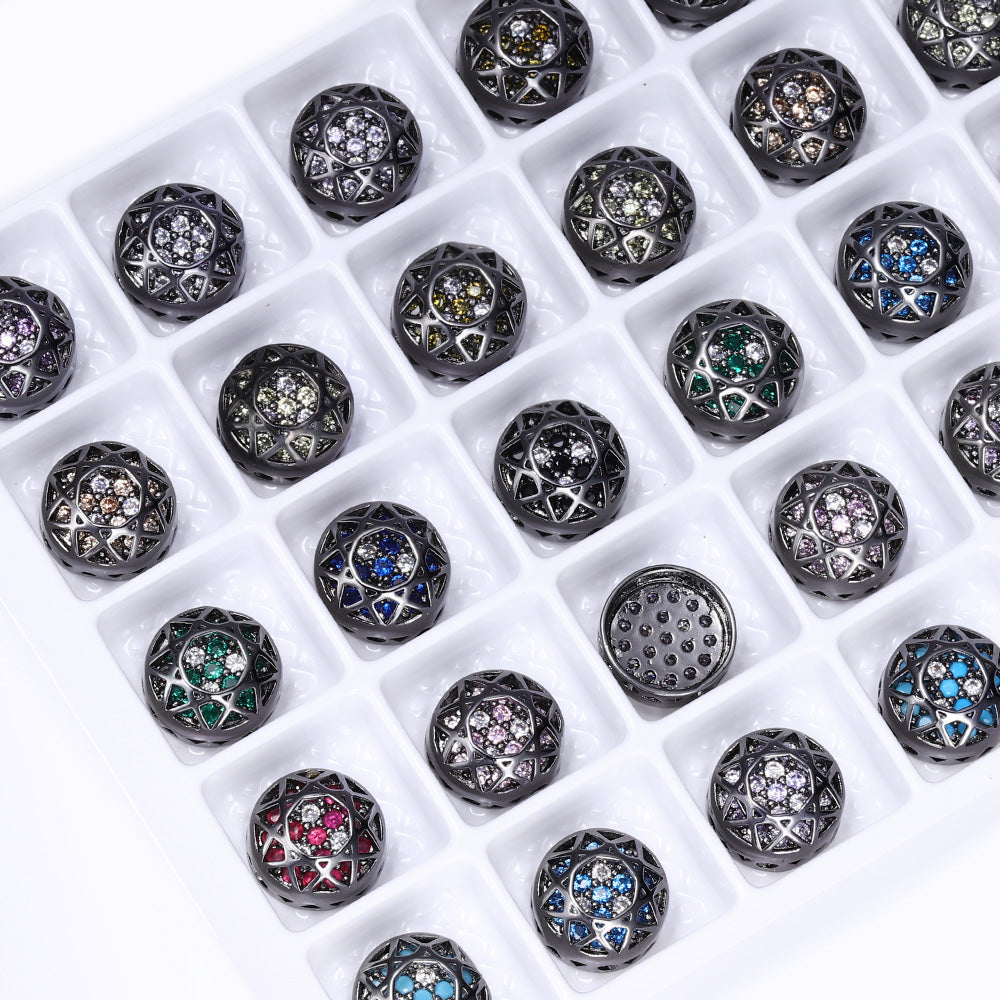 Round Shape Hematite Plated High-Quality Sew-on Alloy Charms Inlaid Cubic Zirconia WholesaleRhinestone