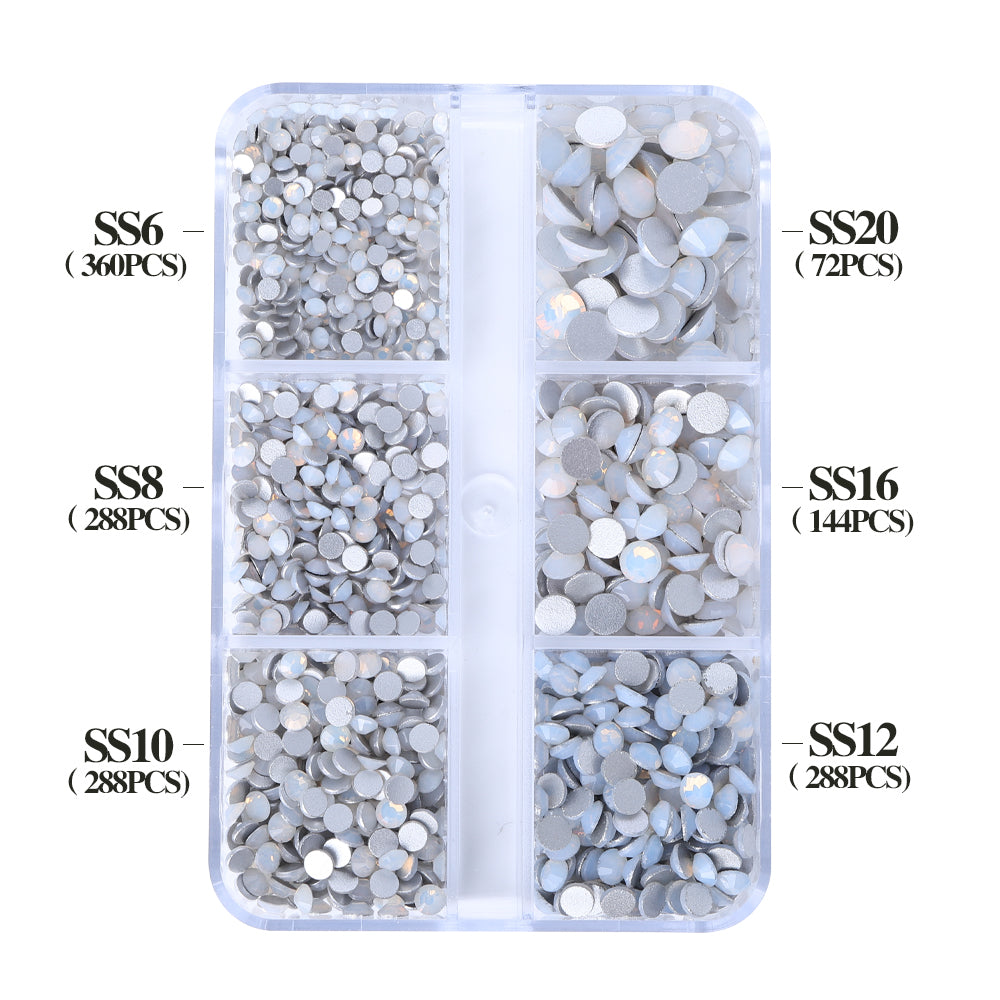 Mixed Sizes 6 Grid Box White Opal Glass FlatBack Rhinestones For Nail Art Silver Back Secondary image