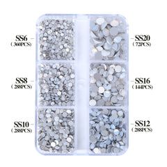 Mixed Sizes 6 Grid Box White Opal Glass FlatBack Rhinestones For Nail Art Silver Back