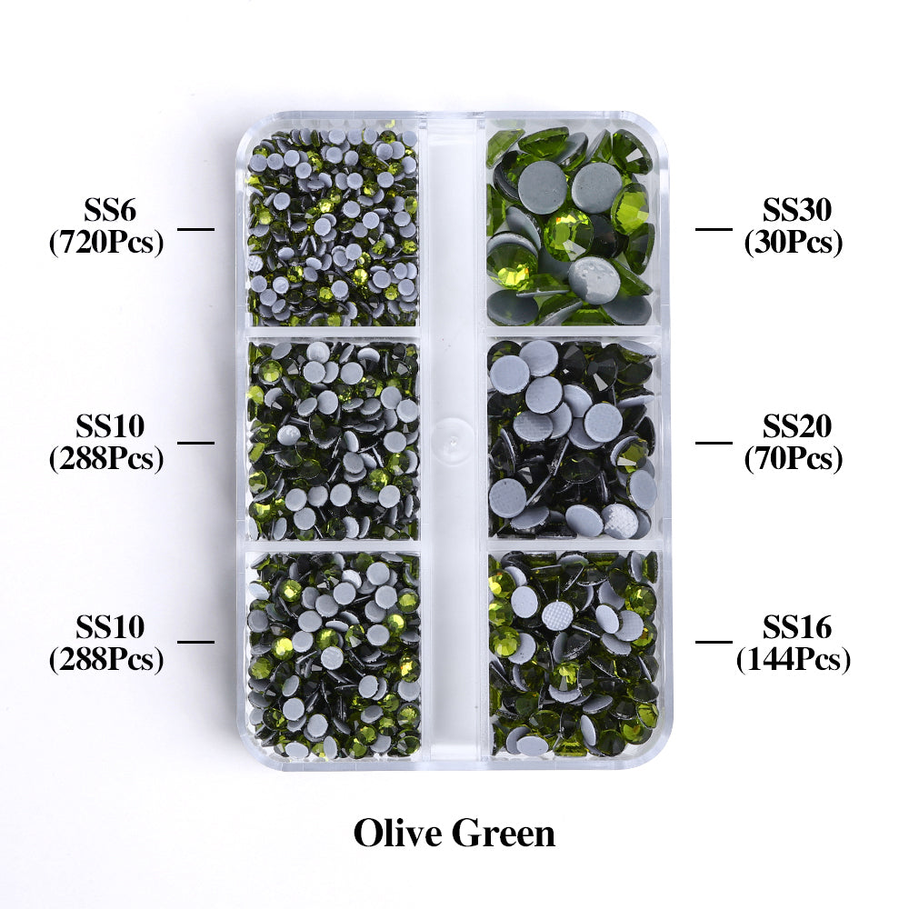 Mixed Sizes 6 Grid Box Olive Green Glass HotFix Rhinestones For Clothing DIY WholesaleRhinestone