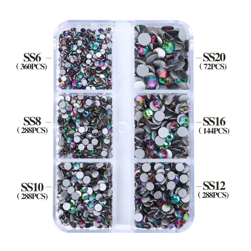 Mixed Sizes 6 Grid Box Green Volcano Glass FlatBack Rhinestones For Nail Art  Silver Back