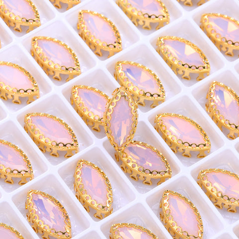 Rose Water Opal Navette Shape High-Quality Glass Sew-on Nest Hollow Claw Rhinestones