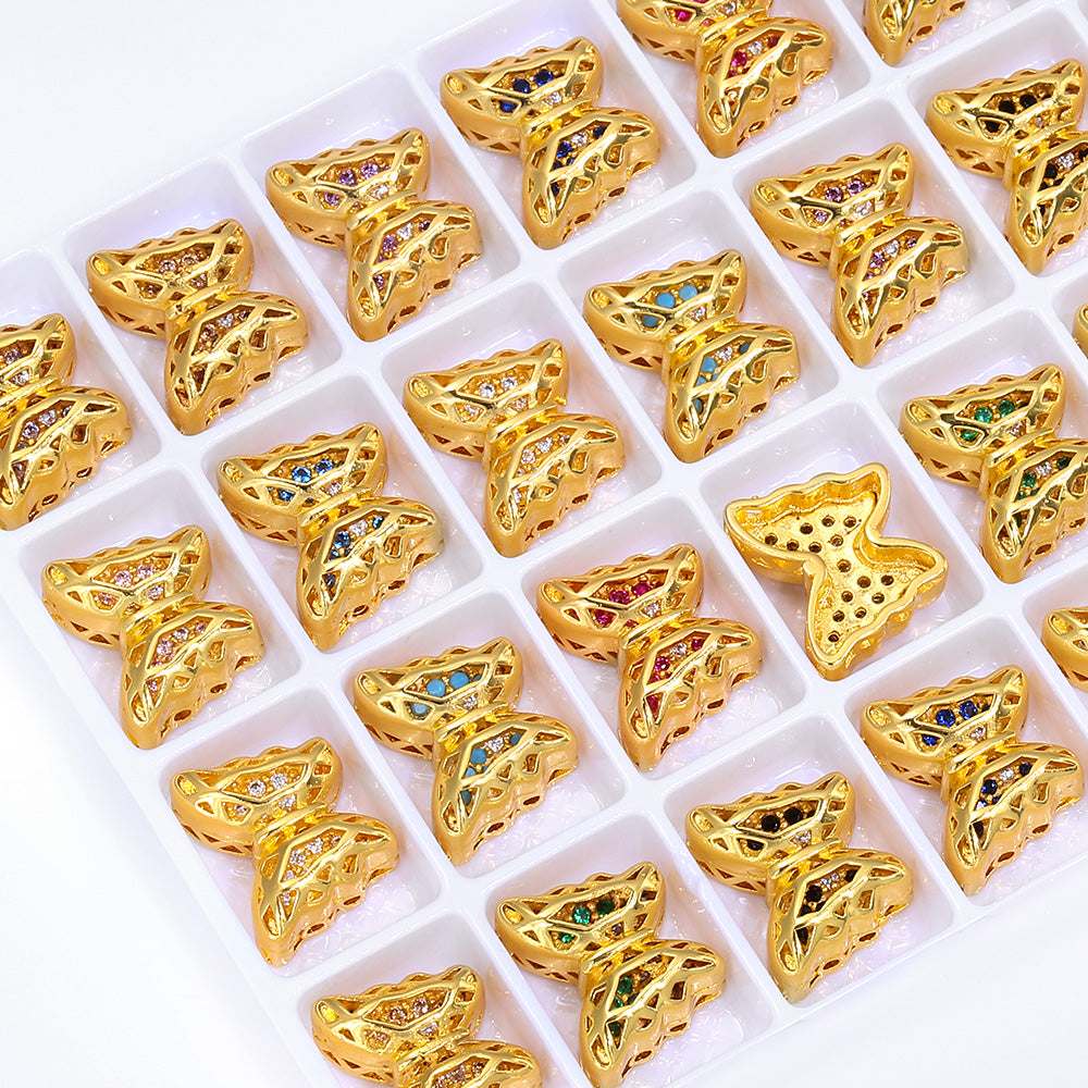Butterfly Shape Golden Plated High-Quality Sew-on Alloy Charms Inlaid Cubic Zirconia WholesaleRhinestone