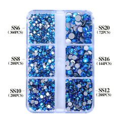 Mixed Sizes 6 Grid Box Indicolite AB Glass FlatBack Rhinestones For Nail Art Silver Back