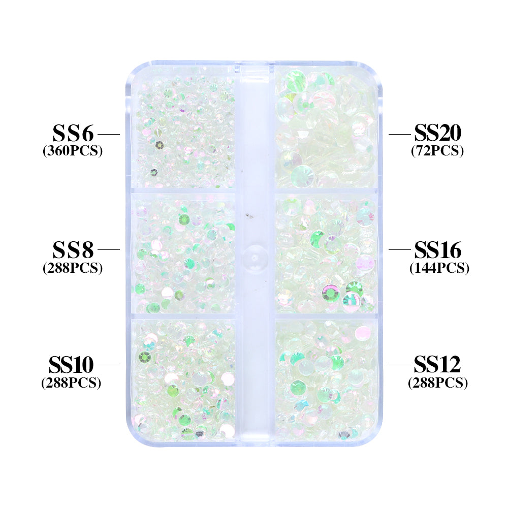 Mixed Sizes 6 Grid Box Aurora Pink Green Unfoiled Glass FlatBack Rhinestones For Nail Art
