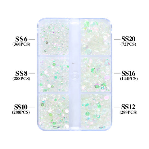 Mixed Sizes 6 Grid Box Aurora Pink Green Unfoiled Glass FlatBack Rhinestones For Nail Art