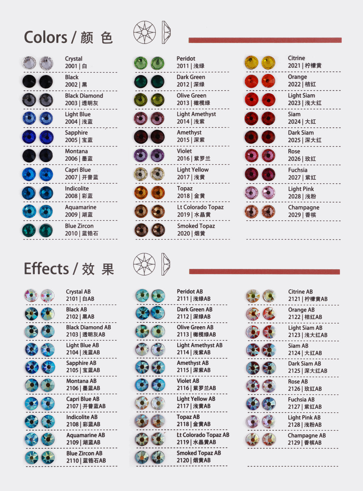 Glass Flat Back Rhinestones Color Chart -8 Big 8 Small WholesaleRhinestone Hovedbillede