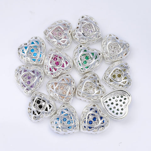 Heart Shape Silver Plated High-Quality Sew-on Alloy Charms Inlaid Cubic Zirconia
