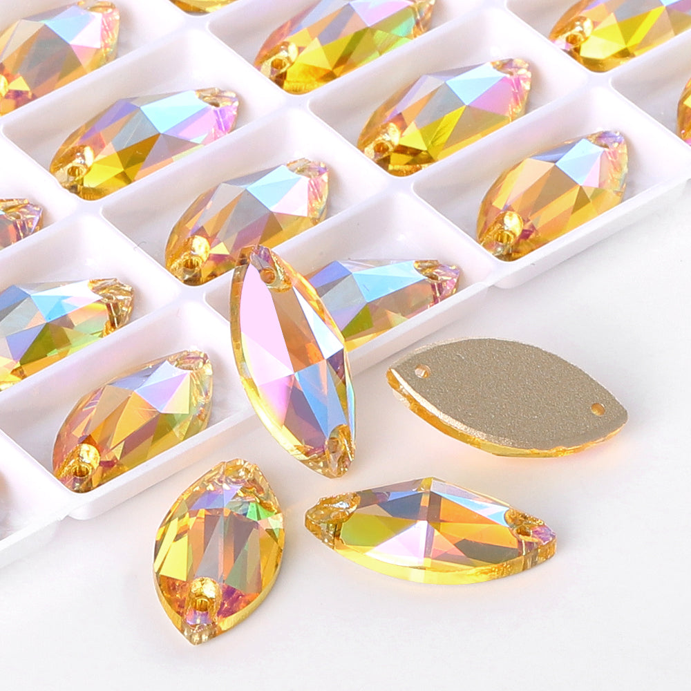 Light Topaz Shimmer Navette Shape High Quality Glass Sew-on Rhinestones Secondary image