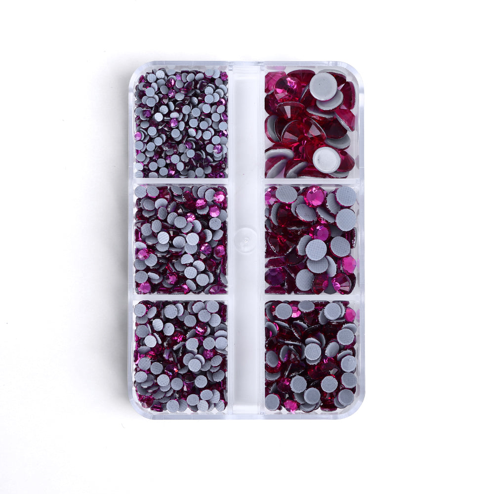 Mixed Sizes 6 Grid Box Fuchsia Glass HotFix Rhinestones For Clothing DIY WholesaleRhinestone Main image