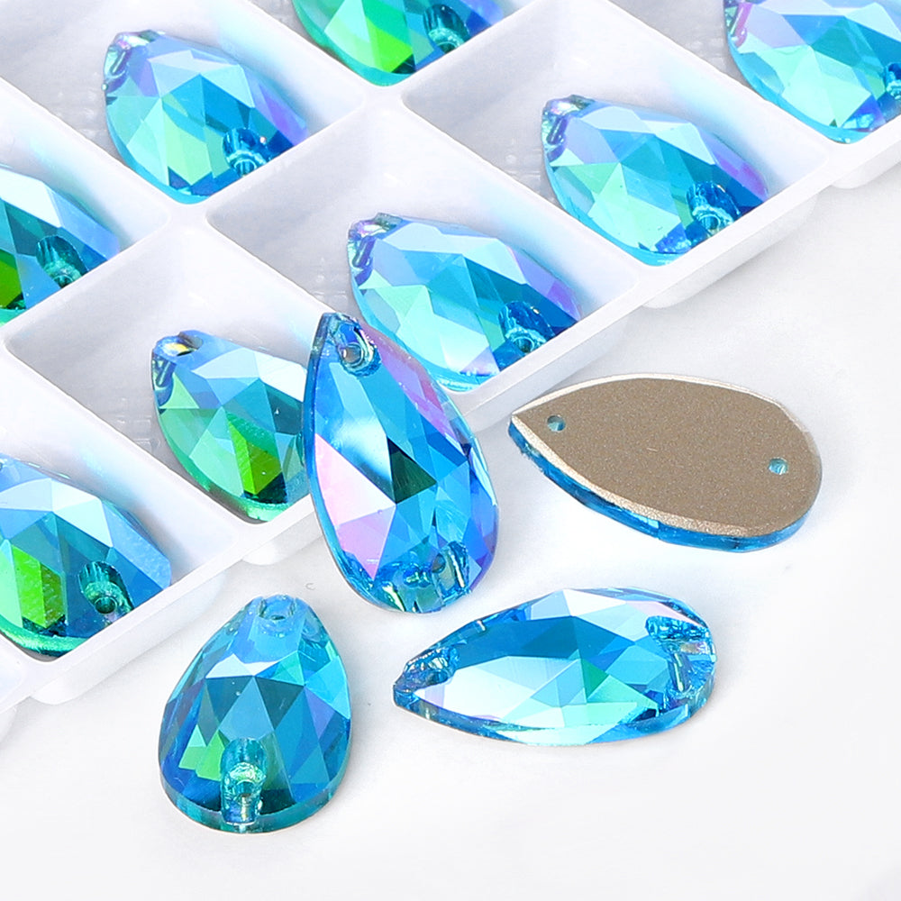 Aquamarine Shimmer Drop Shape High Quality Glass Sew-on Rhinestones Secondary image