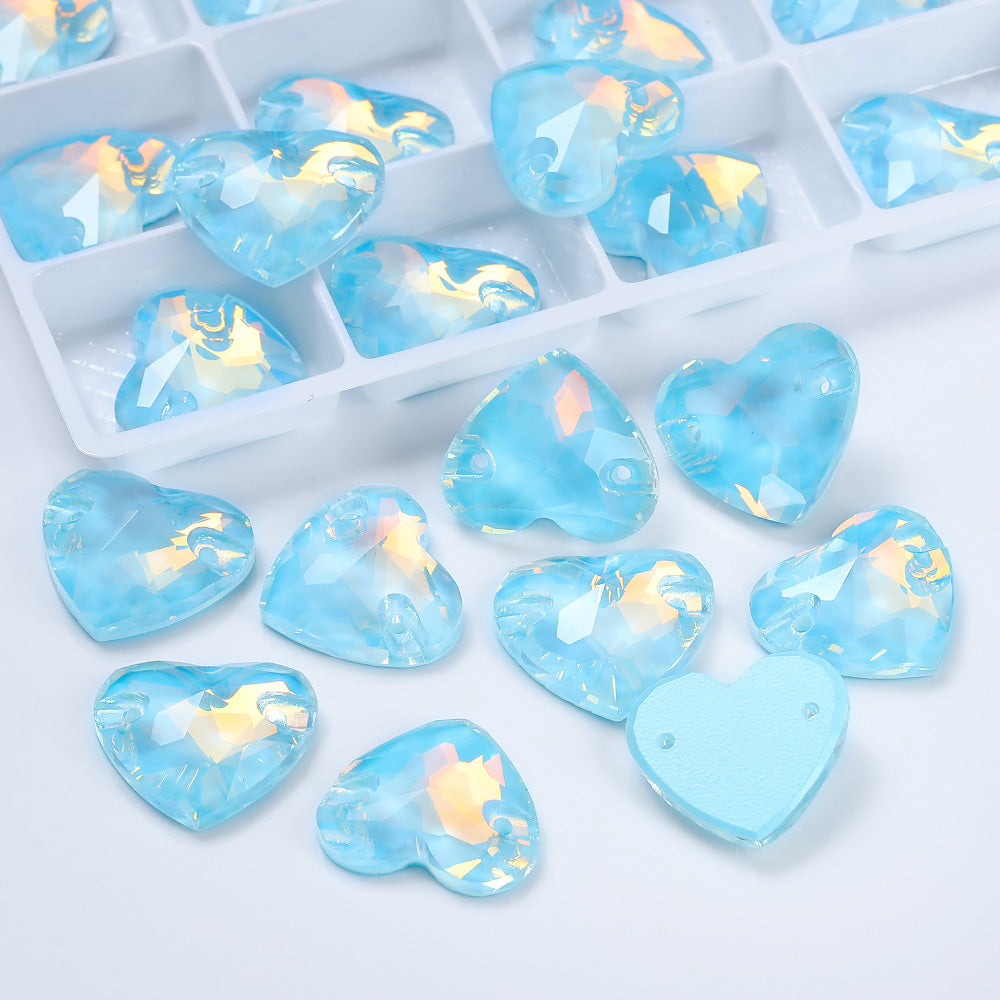 Aquamarine AM Heart Shape High Quality Glass Sew-on Rhinestones