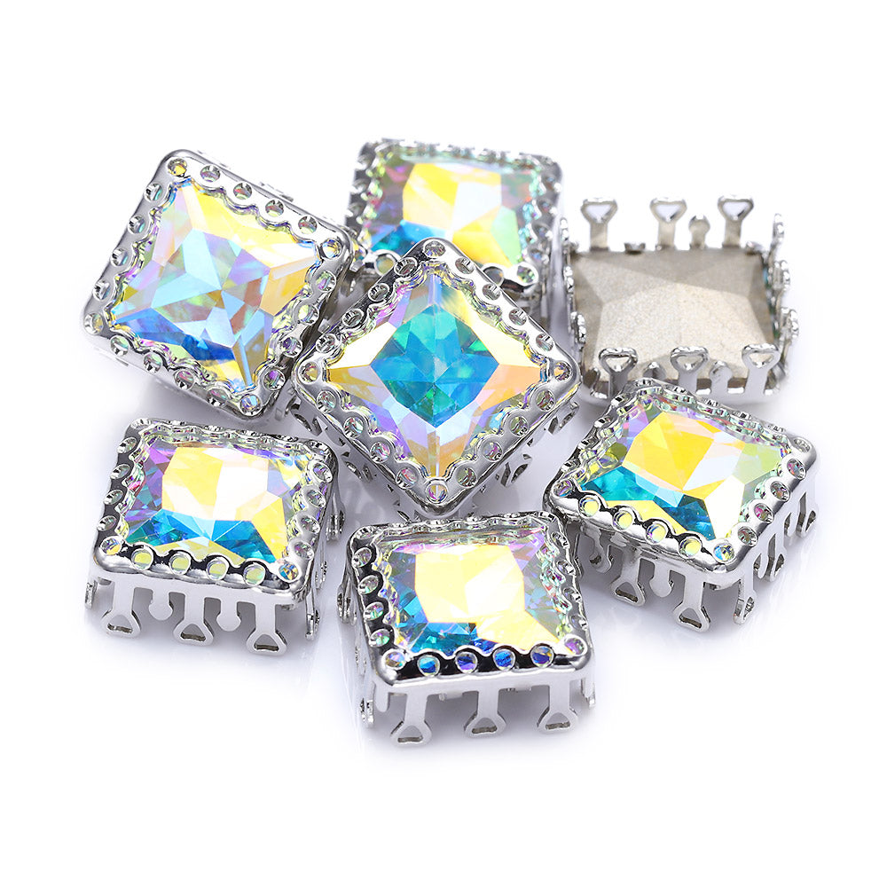 Crystal AB Princess Square Shape High-Quality Glass Sew-on Nest Hollow Claw Rhinestones