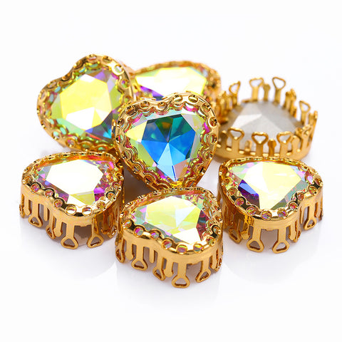 Crystal AB Maxi Heart Shape High-Quality Glass Sew-on Nest Hollow Claw Rhinestones