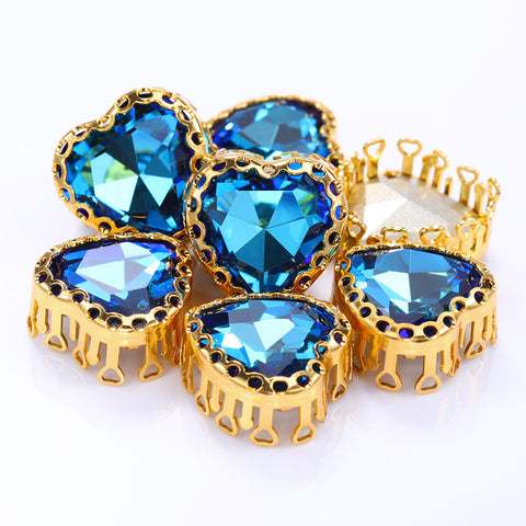 Bermuda Blue Maxi Heart Shape High-Quality Glass Sew-on Nest Hollow Claw Rhinestones
