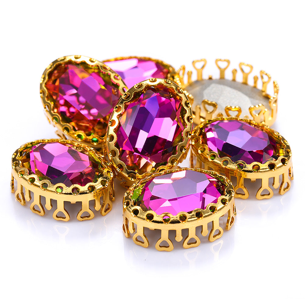 Vitrail Rose Oval Shape High-Quality Glass Sew-on Nest Hollow Claw Rhinestones