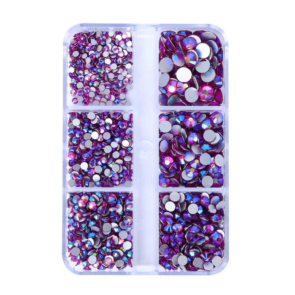 Mixed Sizes 6 Grid Box Fuchsia AB Glass FlatBack Rhinestones For Nail Art  Silver Back