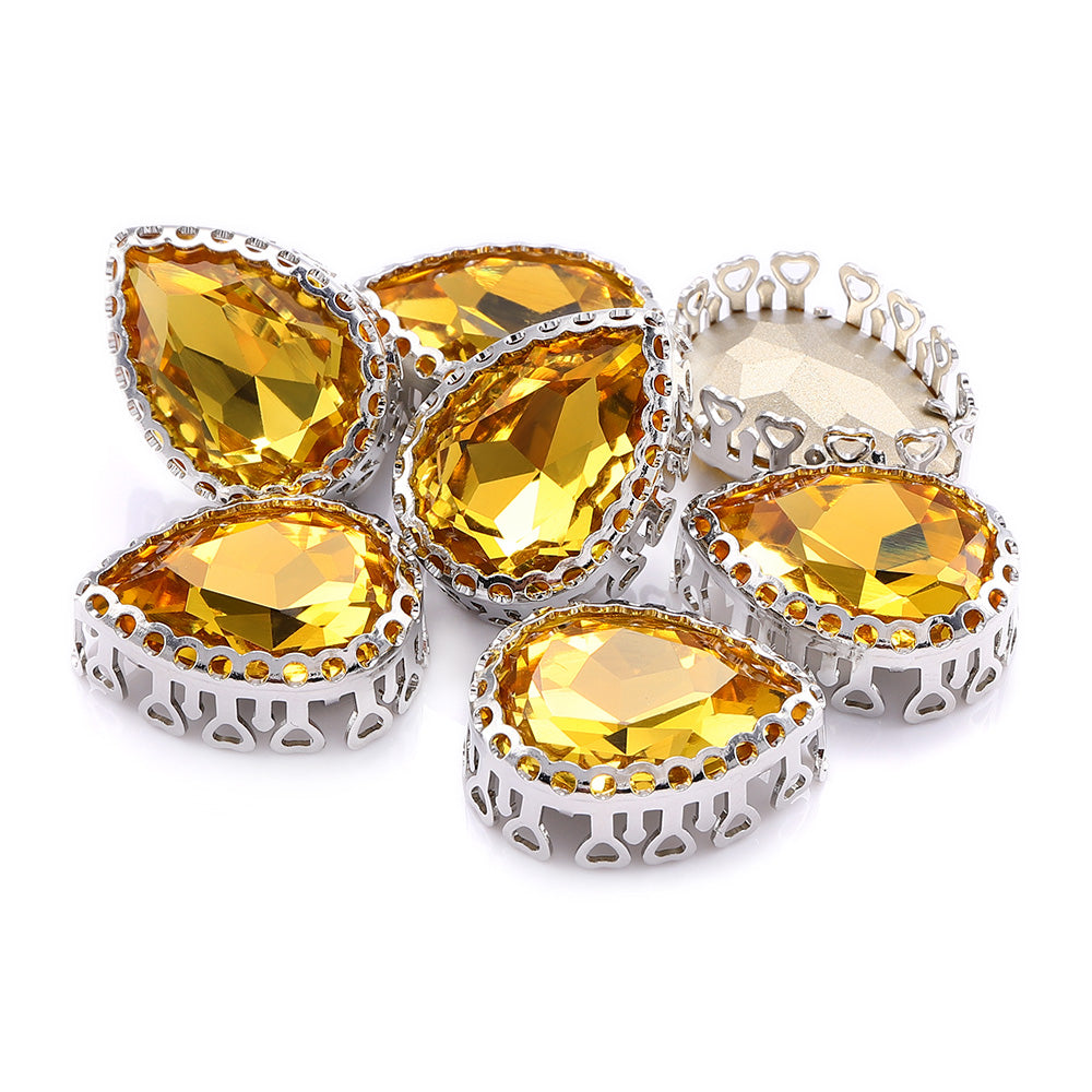 Light Topaz Drop Shape High-Quality Glass Sew-on Nest Hollow Claw Rhinestones