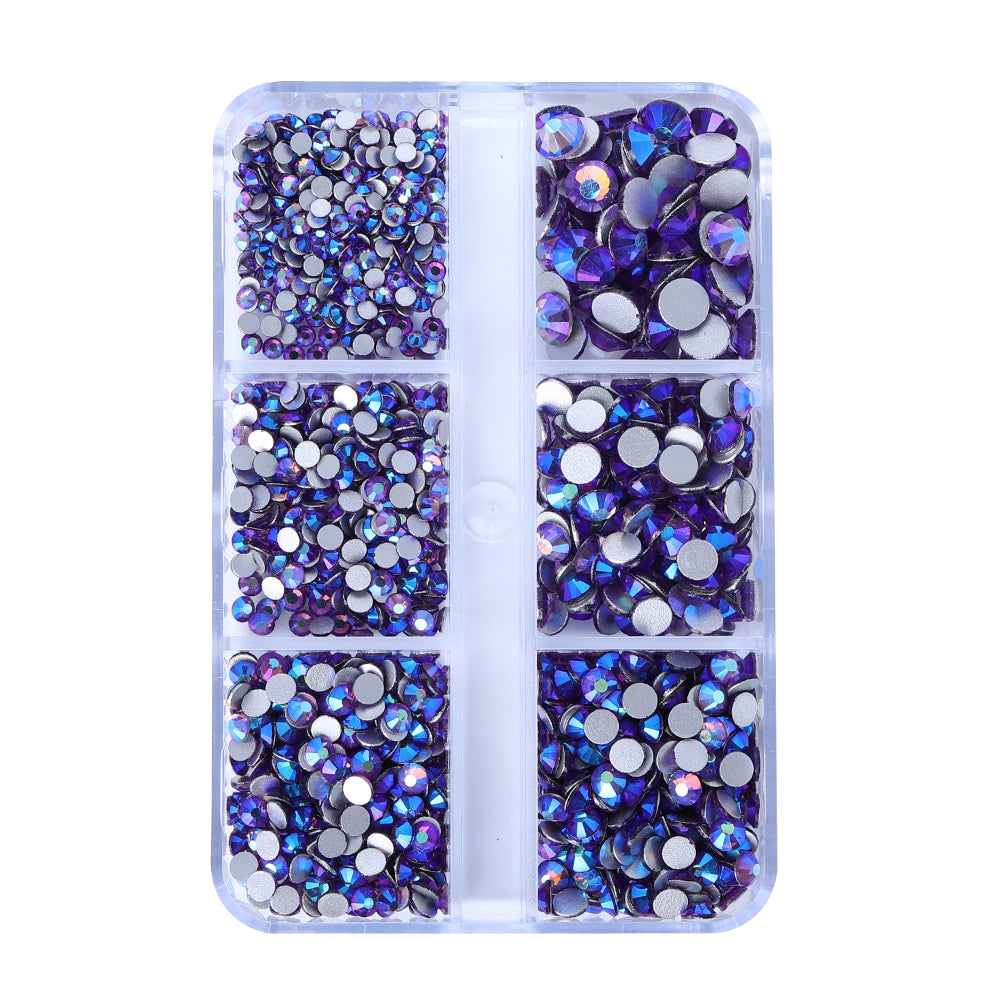 Mixed Sizes 6 Grid Box Tanzanite AB Glass FlatBack Rhinestones For Nail Art  Silver Back WholesaleRhinestone Immagine principale del prodotto