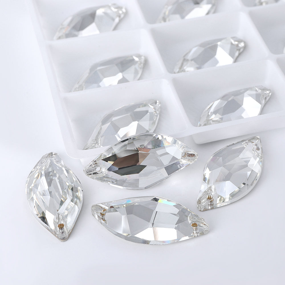 Silver Shade Diamond Leaf Shape High Quality Glass Sew-on Rhinestones