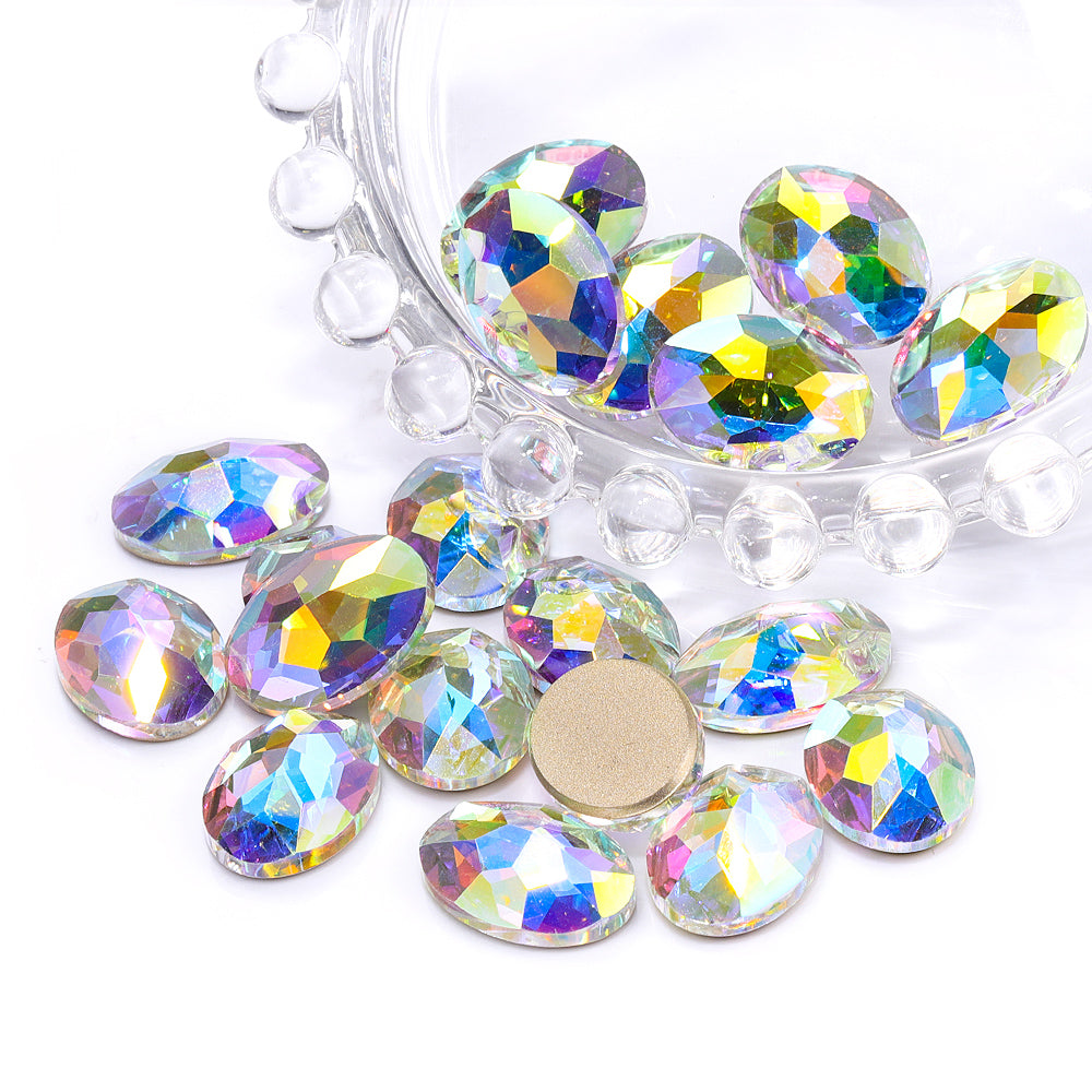 Crystal AB Oval Shape High Quality Glass Beveled Flat Back Rhinestones