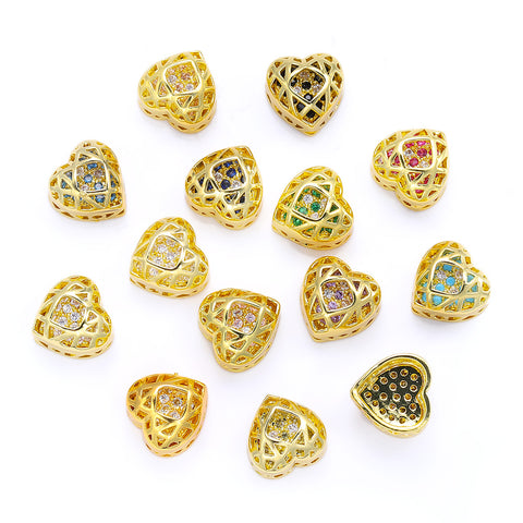Heart Shape Golden Plated High-Quality Sew-on Alloy Charms Inlaid Cubic Zirconia