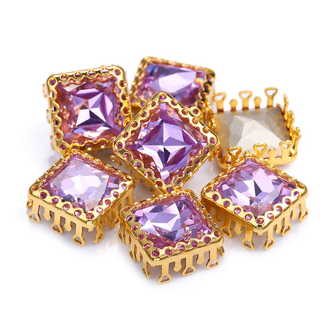 Violet Princess Square Shape High-Quality Glass Sew-on Nest Hollow Claw Rhinestones
