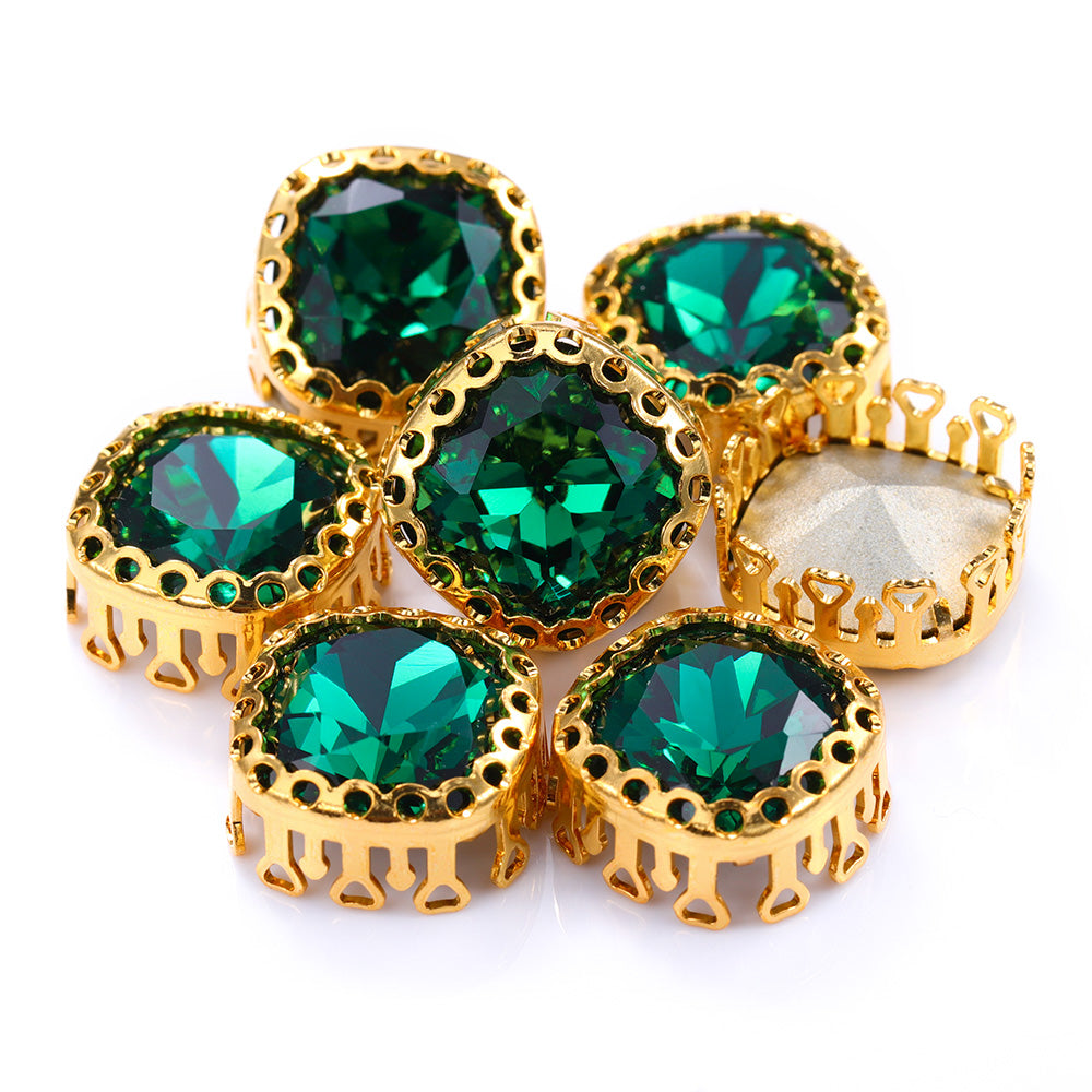 Emerald Cushion Square Shape High-Quality Glass Sew-on Nest Hollow Claw Rhinestones