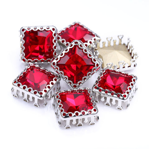 Light Siam Princess Square Shape High-Quality Glass Sew-on Nest Hollow Claw Rhinestones