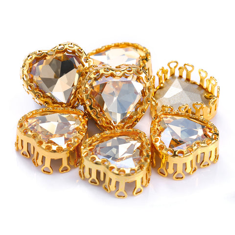 Golden Shadow Maxi Heart Shape High-Quality Glass Sew-on Nest Hollow Claw Rhinestones
