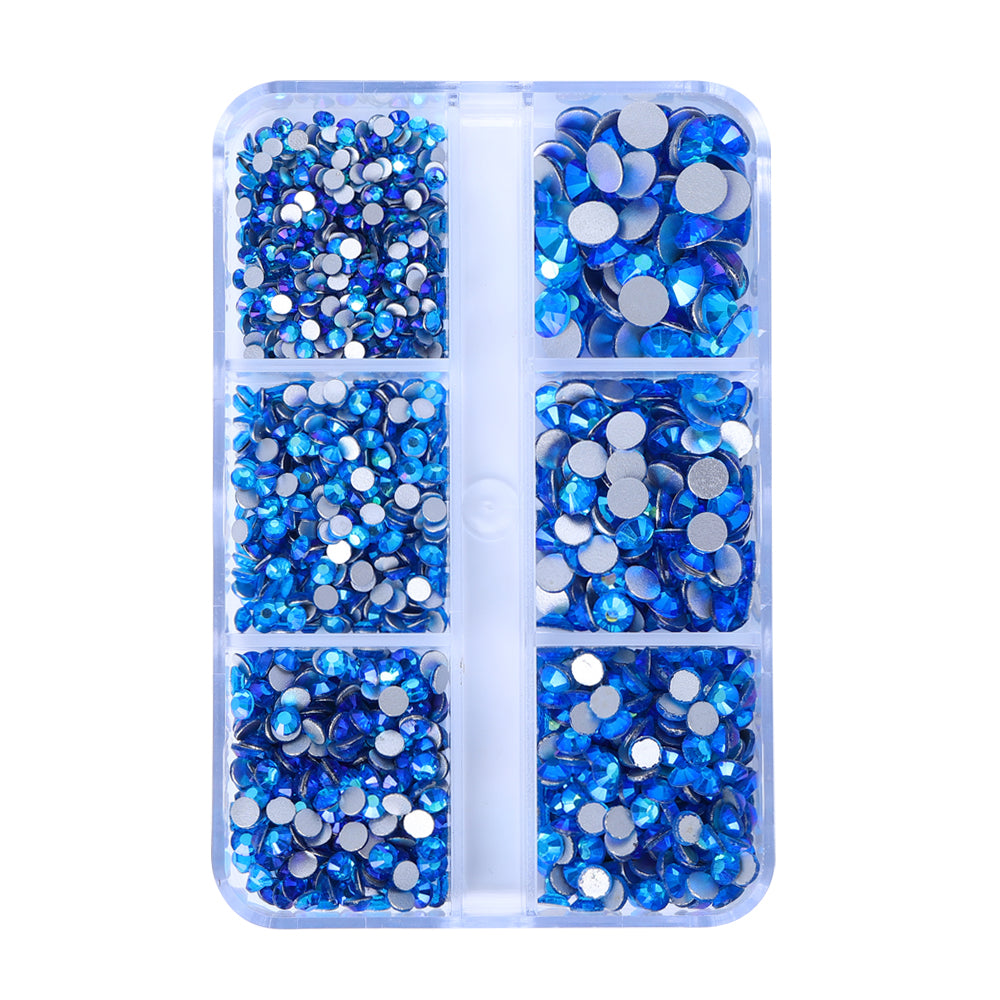 Mixed Sizes 6 Grid Box Capri Blue AB Glass FlatBack Rhinestones For Nail Art  Silver Back WholesaleRhinestone Imagen principal del producto