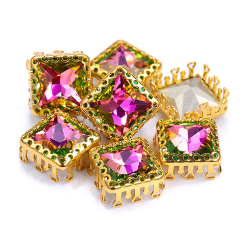 Vitrail Rose Princess Square Shape High-Quality Glass Sew-on Nest Hollow Claw Rhinestones