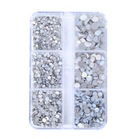 Mixed Sizes 6 Grid Box White Opal Glass FlatBack Rhinestones For Nail Art Silver Back WholesaleRhinestone