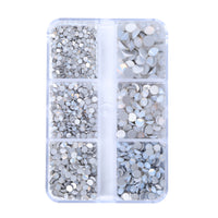 Mixed Sizes 6 Grid Box White Opal Glass FlatBack Rhinestones For Nail Art Silver Back