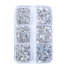 Mixed Sizes 6 Grid Box White Opal Glass FlatBack Rhinestones For Nail Art Silver Back