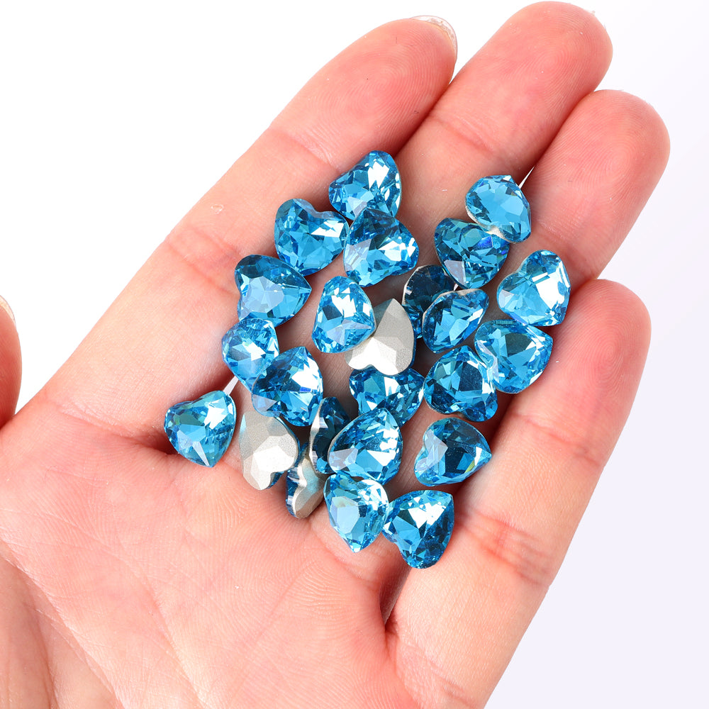 Aquamarine Heart Shape High Quality Glass Pointed Back Fancy Rhinestones
