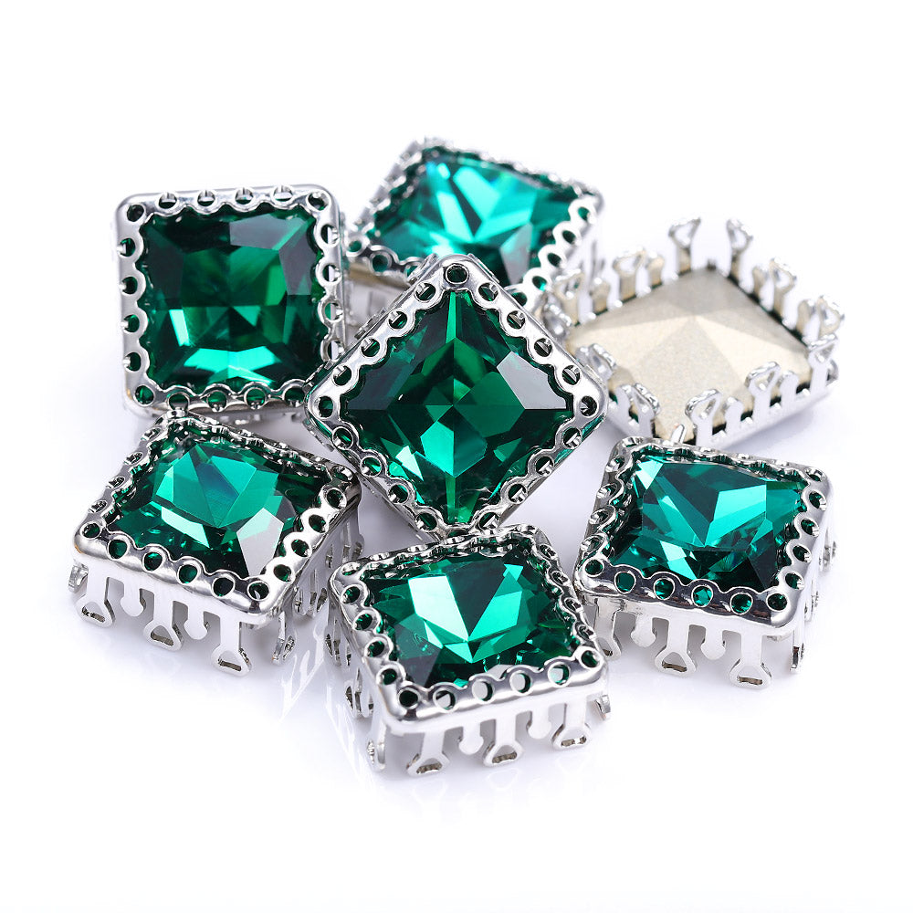 Emerald Princess Square Shape High-Quality Glass Sew-on Nest Hollow Claw Rhinestones