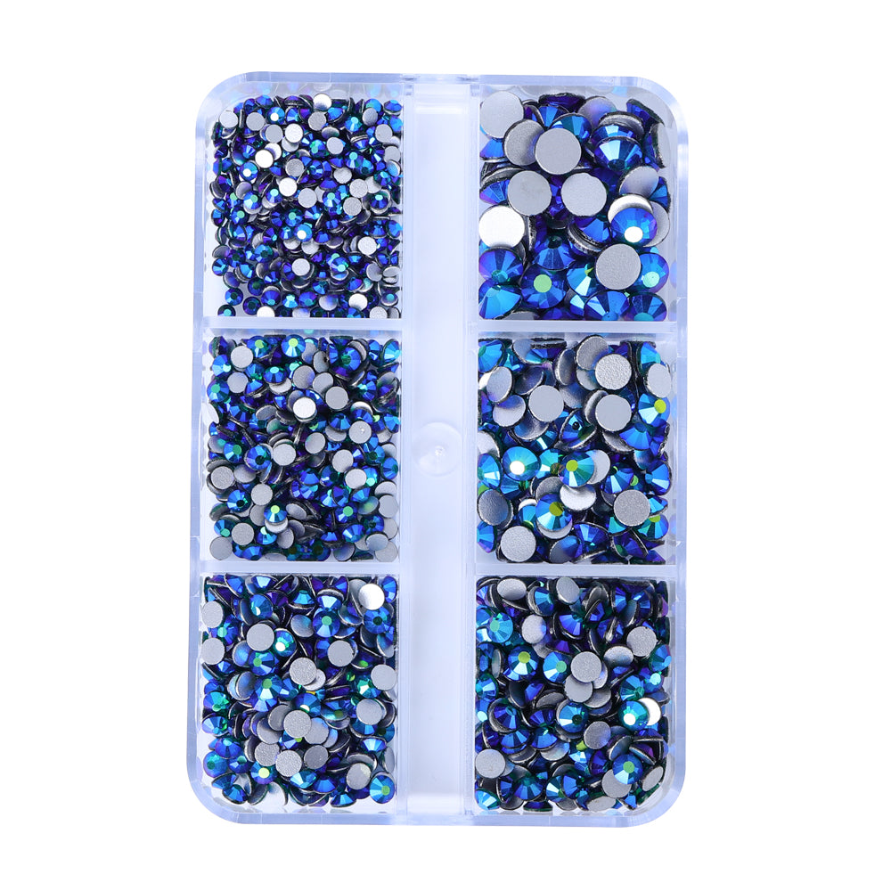 Mixed Sizes 6 Grid Box Dark Green AB Glass FlatBack Rhinestones For Nail Art Silver Back WholesaleRhinestone Hovedbillede