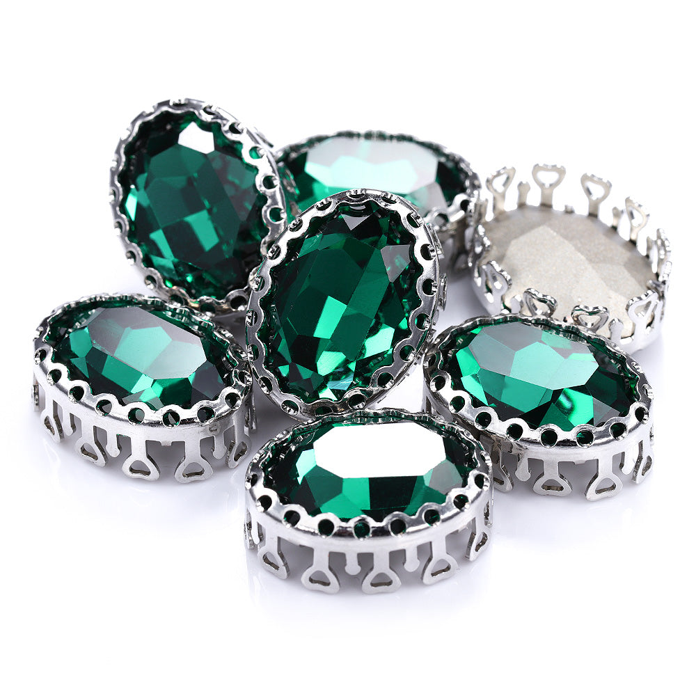 Emerald Oval Shape High-Quality Glass Sew-on Nest Hollow Claw Rhinestones