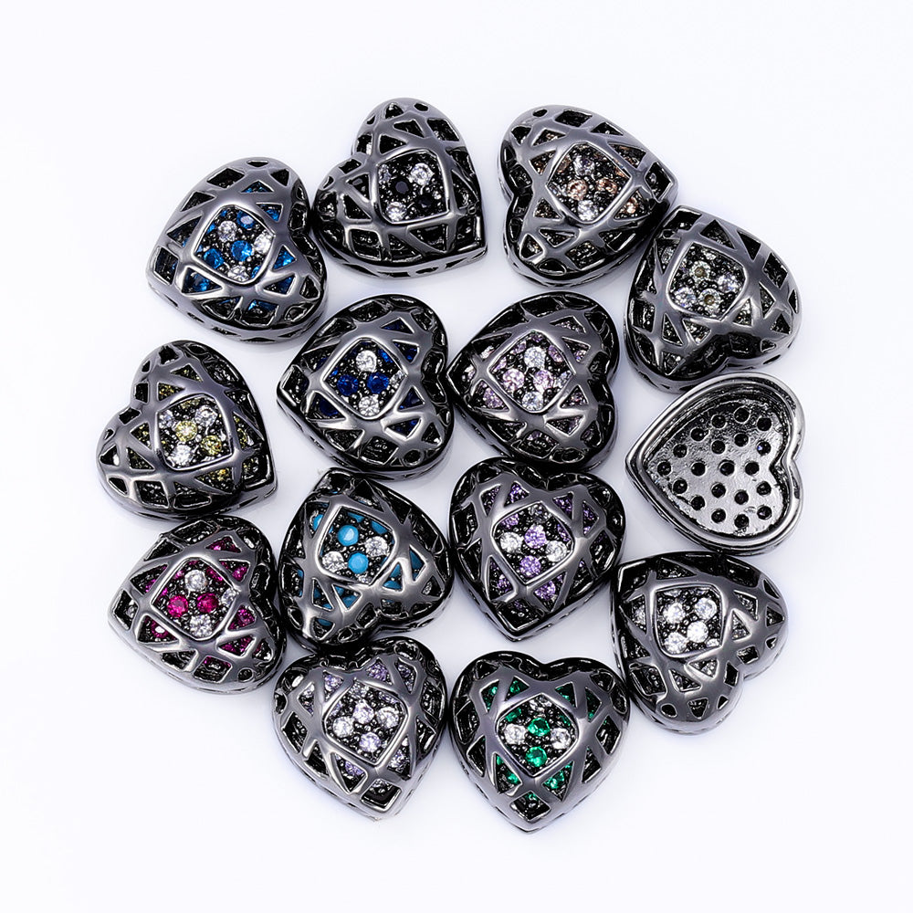 Heart Shape Hematite Plated High-Quality Sew-on Alloy Charms Inlaid Cubic Zirconia