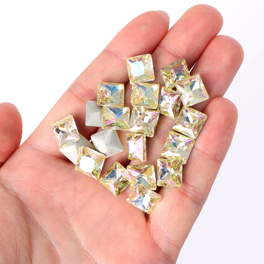 Luminöse grüne Prinzessin quadratische Form hochwertiger Glasspitzback -Rücken -Fantasie -Strasssteine