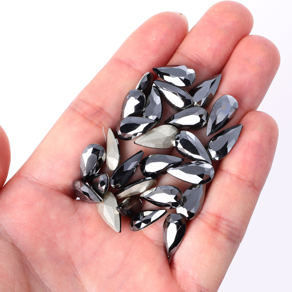Jet Metallic Silver Teardrop Shape High Quality Glass Pointed Back Fancy Rhinestones Secondary image